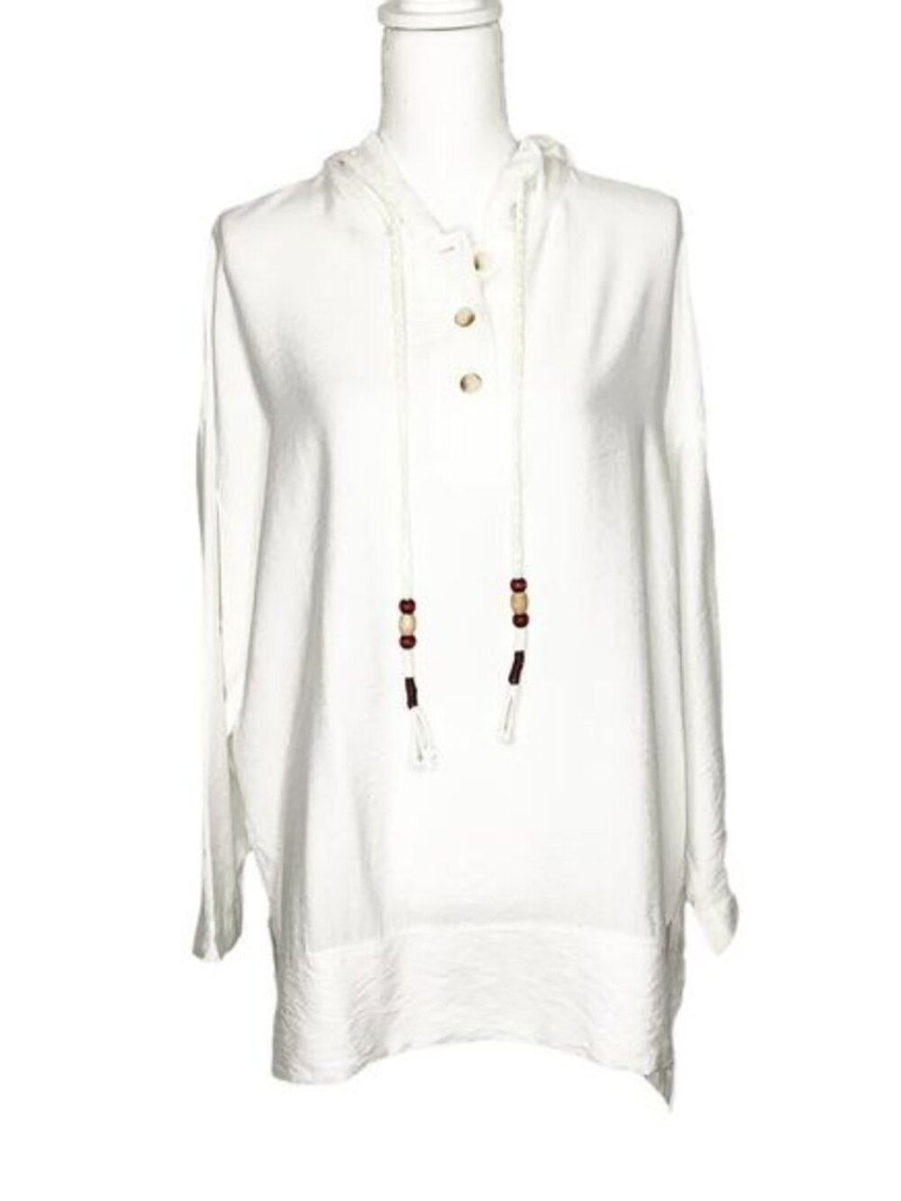 Ikoll Ecru Crinkle Hooded Tunic Top Beaded Drawstring NWT